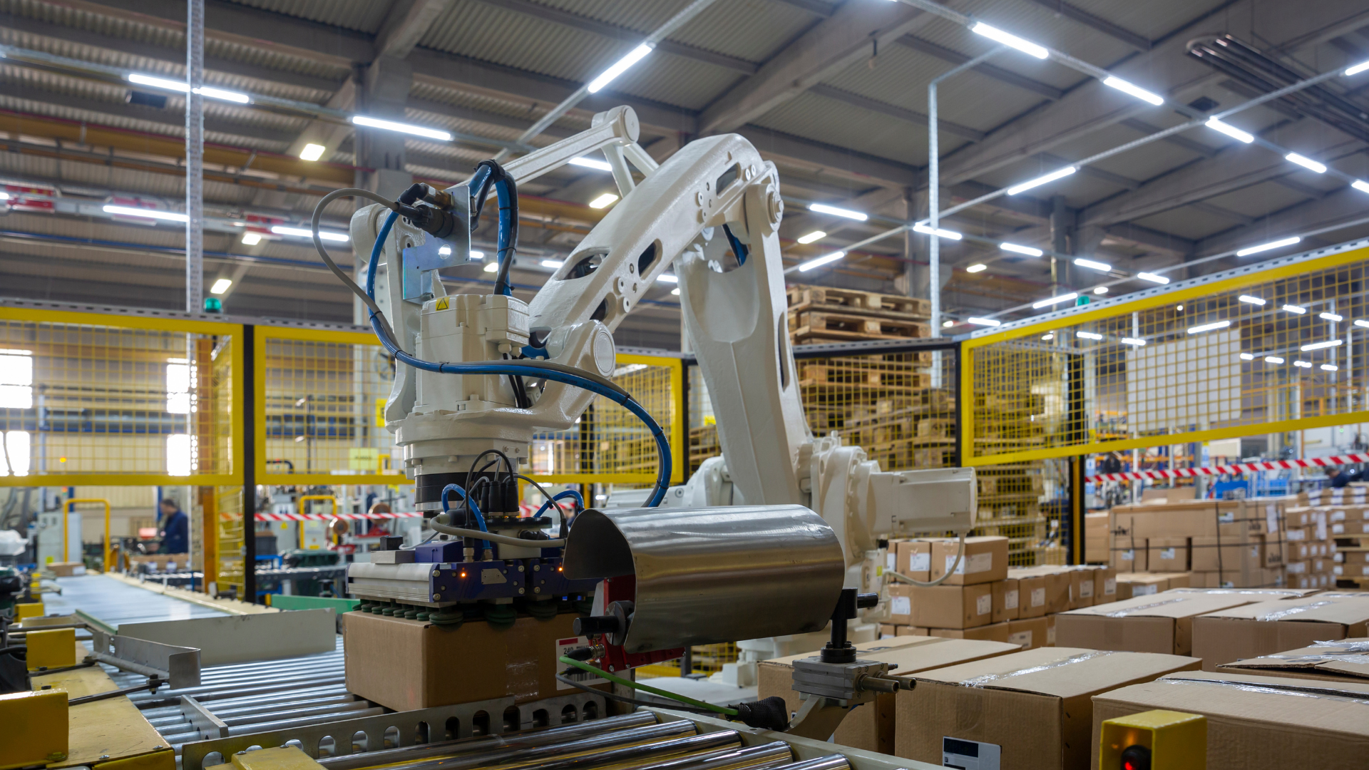 Roboty przemysłowe na linii produkcyjnej